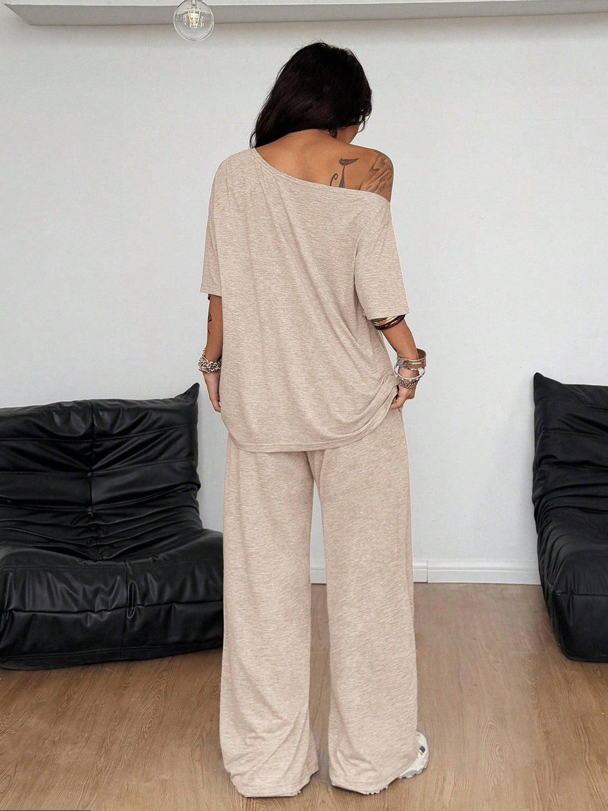 Off Shoulder Wide Leg Pants Set Casual Lounge Two Piece